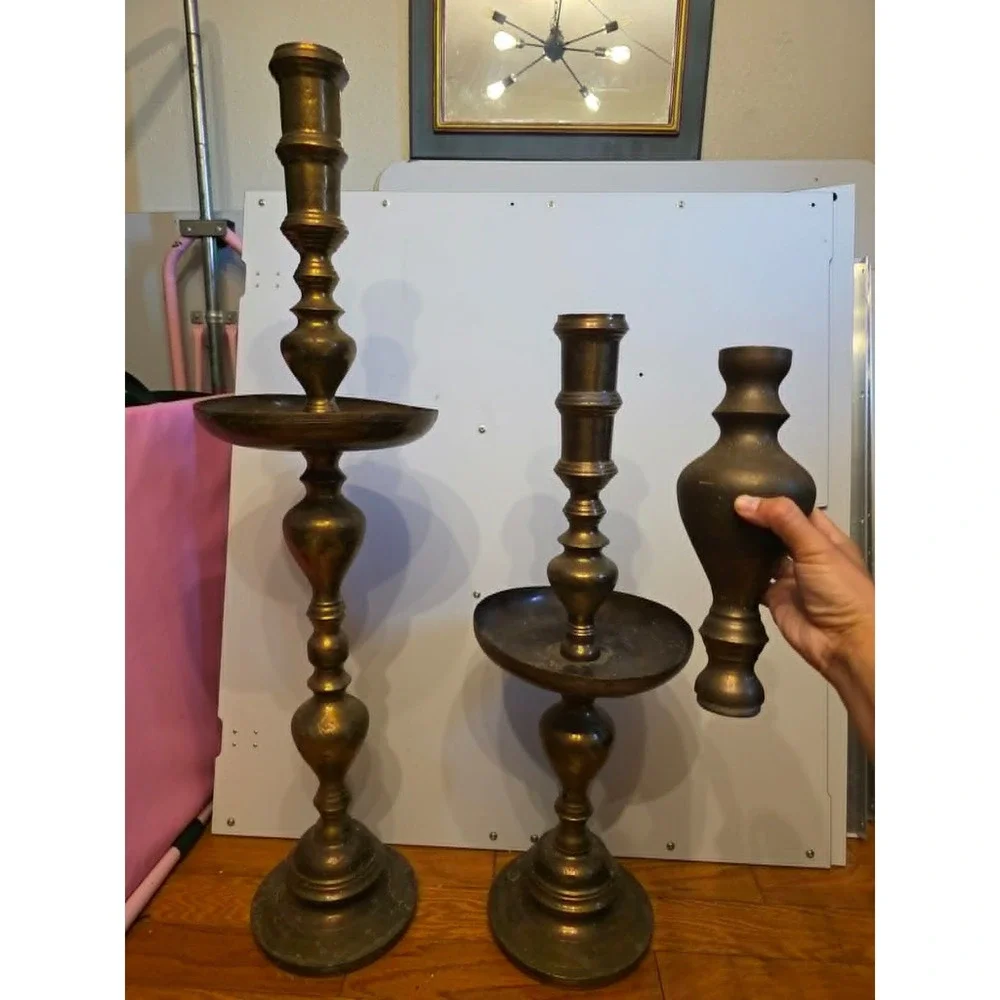 Moroccan Etched Brass Pillar Floor Altar Candlesticks Candle Holders Set Vintage